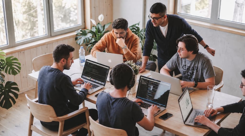 A team working on laptops around a shared table