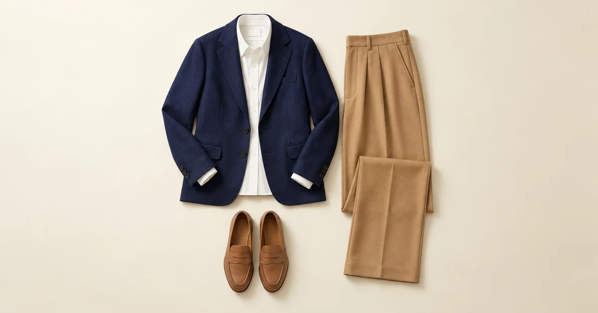 Navy wool blazer over a white shirt with camel wide-leg trousers and tan loafers on an ivory surface