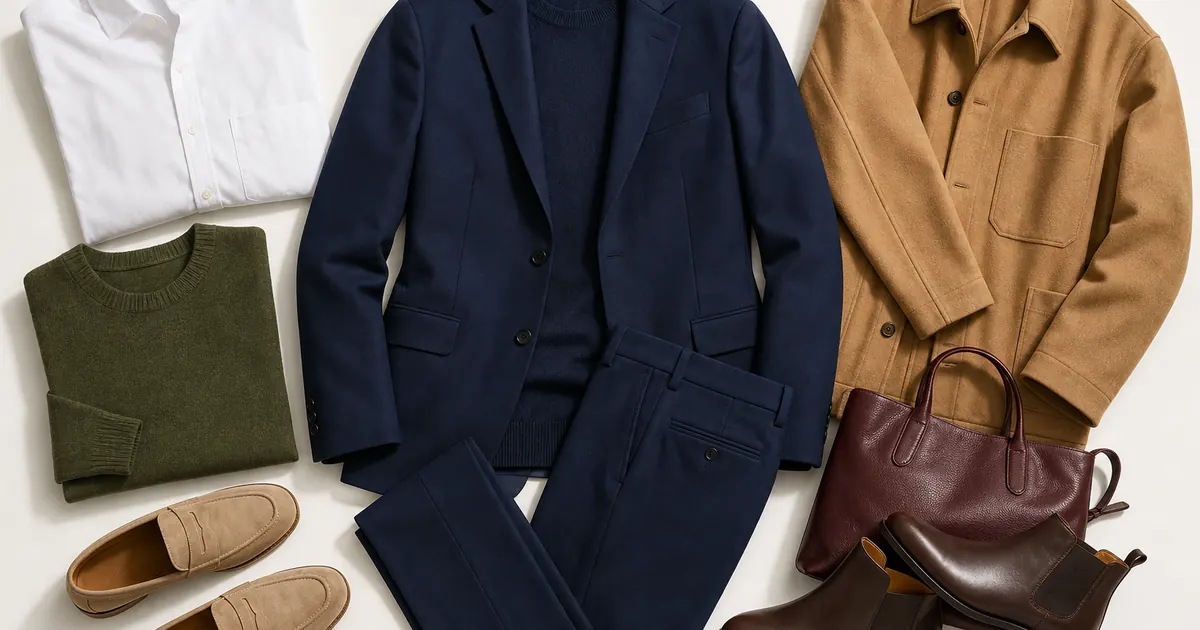Kleidung in Navy, kombiniert mit Teilen in Weiß, Camel, Oliv und Bordeaux