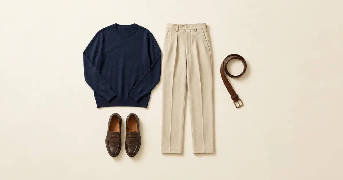 Beige straight-leg trousers with a navy knit jumper, a brown leather belt and dark brown loafers on an ivory surface