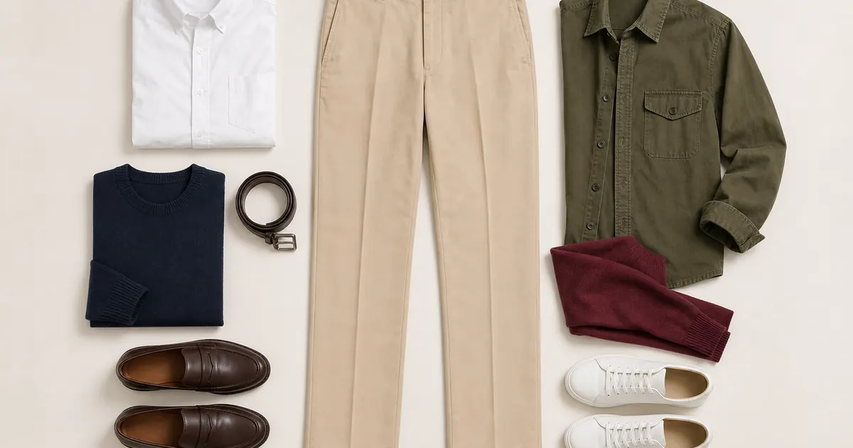 Beige Hose, kombiniert mit Oberteilen in Weiß, Navy, Oliv, Braun und Bordeaux