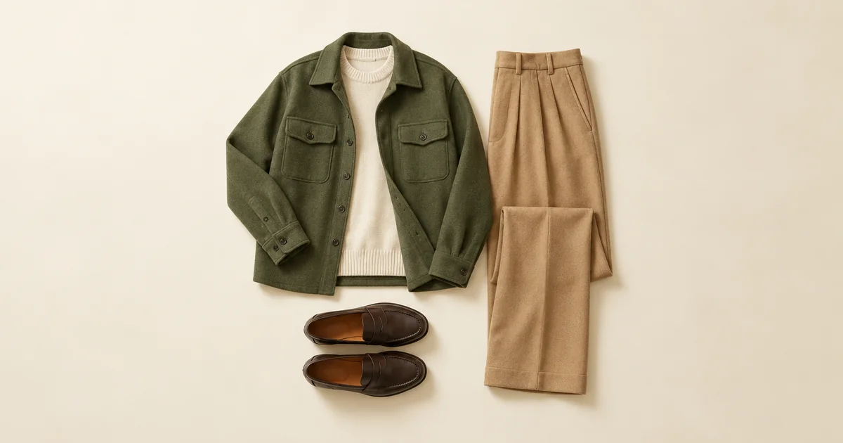 Olive wool overshirt over a cream knit with camel wide-leg trousers and dark brown loafers on an ivory surface