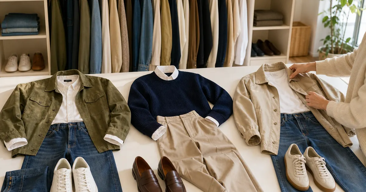Open wardrobe with coordinated tops, trousers, jackets, and shoes ready for outfit planning
