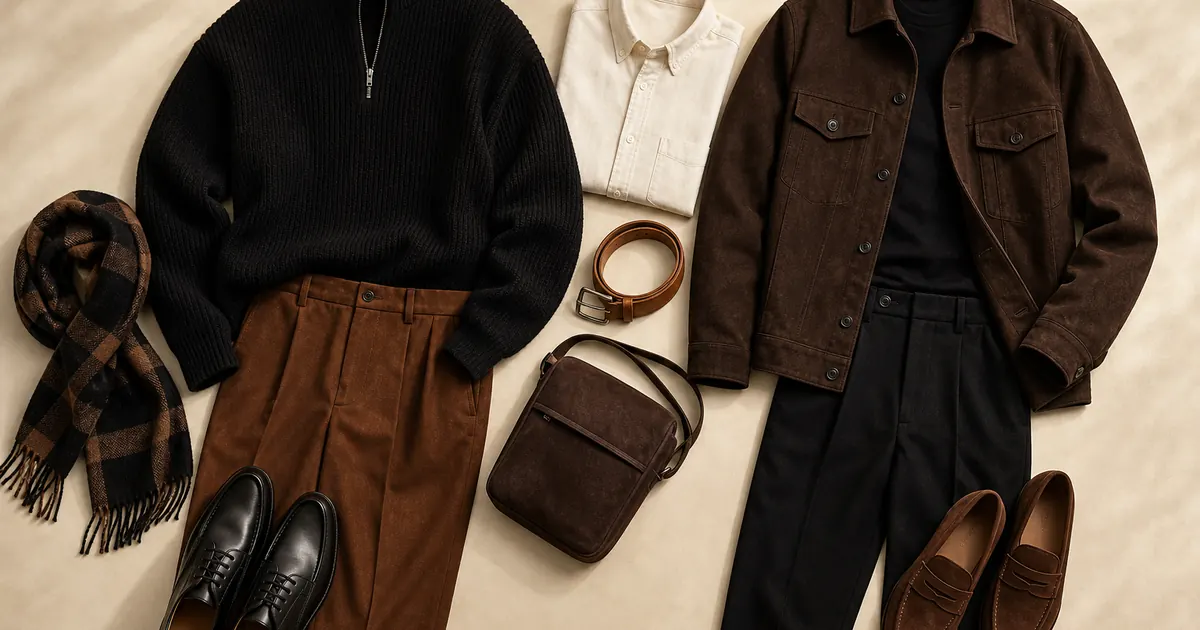 Schwarze und braune Kleidung, kombiniert zu mehreren gepflegten Outfits in neutralen Farben