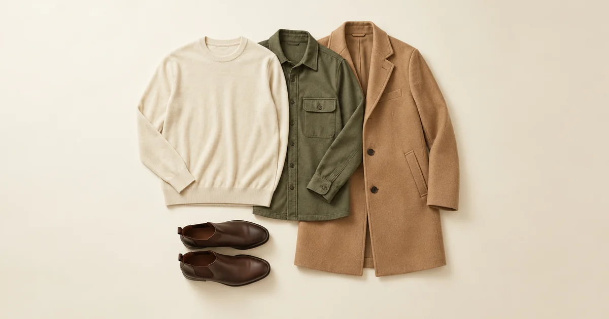 Cream merino knit, olive shirt jacket and camel coat laid in layers with dark brown chelsea boots on an ivory surface