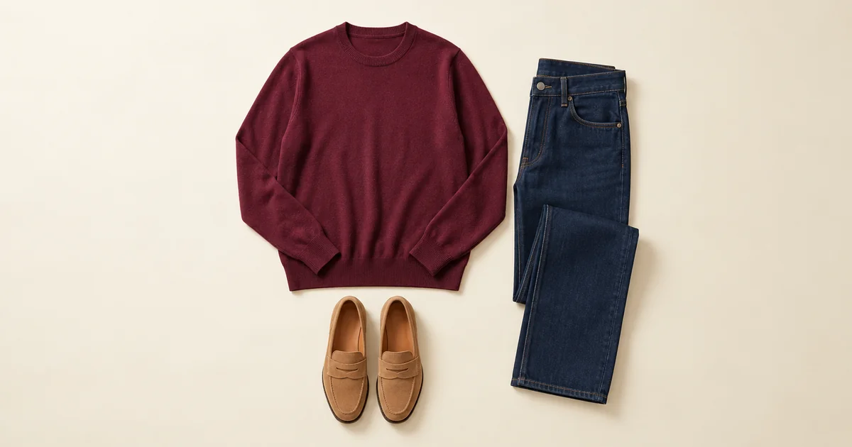 Burgundy cashmere jumper with dark indigo straight jeans and camel suede loafers on an ivory surface