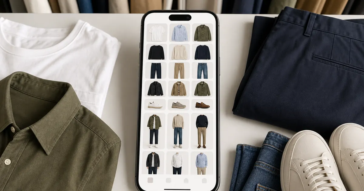 Phone displaying an organized digital wardrobe beside coordinated clothing and accessories
