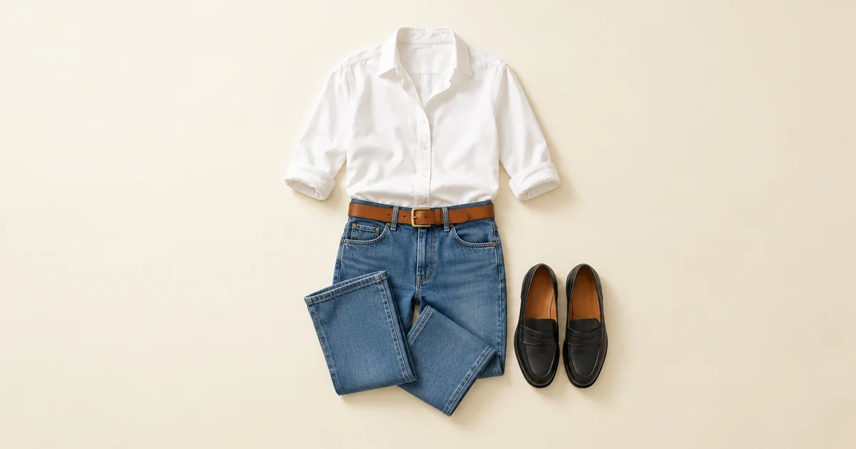 White cotton shirt with mid-blue straight jeans, a cognac belt and black loafers on an ivory surface