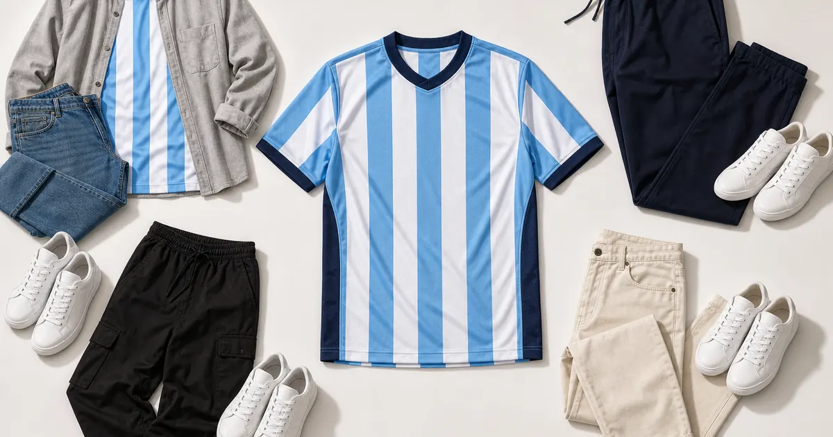 Sky-blue and white Argentina jersey styled with denim, navy trousers, gray layers, black cargos, and white sneakers