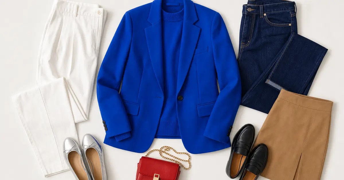 Klein-blue blazer and knit styled with white trousers, dark denim, camel skirt, silver flats, black loafers, and a red bag