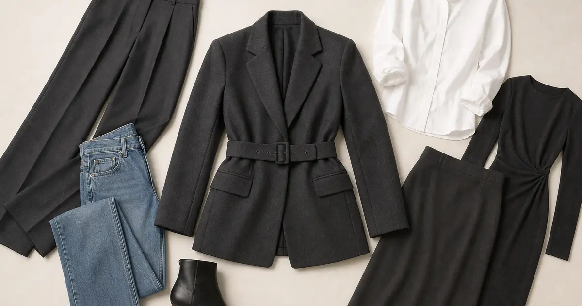 Belted charcoal blazer styled with wide trousers, jeans, a white shirt, black dress, skirt, and ankle boots