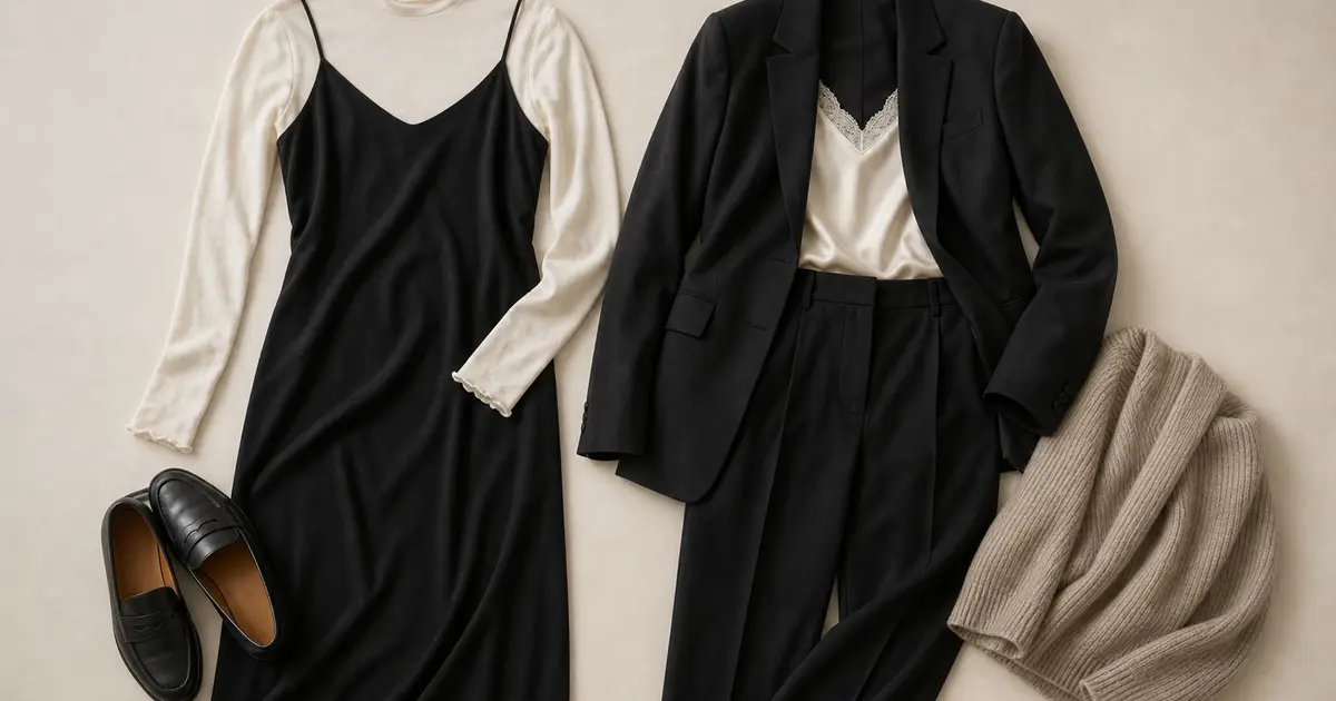 Opaque black slip dress layered over an ivory top beside a satin camisole, black blazer, trousers, knitwear, and loafers