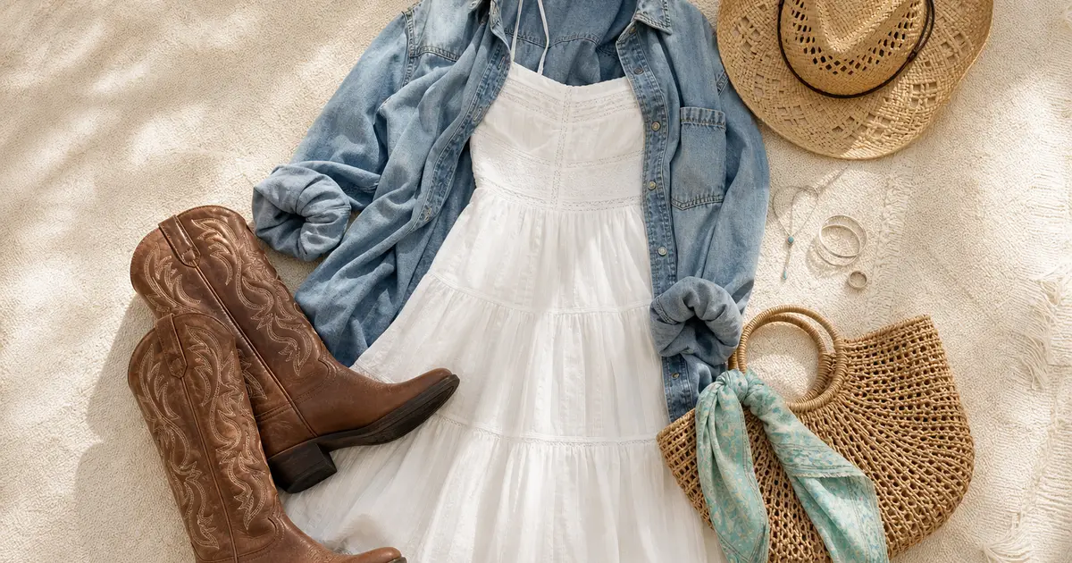 White cotton dress styled with a denim shirt, brown western boots, straw hat, turquoise scarf, woven bag, and silver jewelry