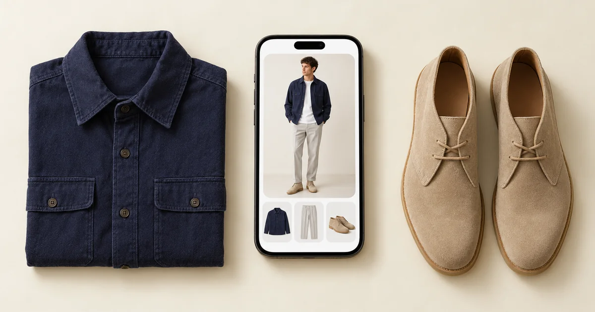 Phone showing a man in a navy overshirt, white tee and grey trousers, next to the folded overshirt and suede desert boots