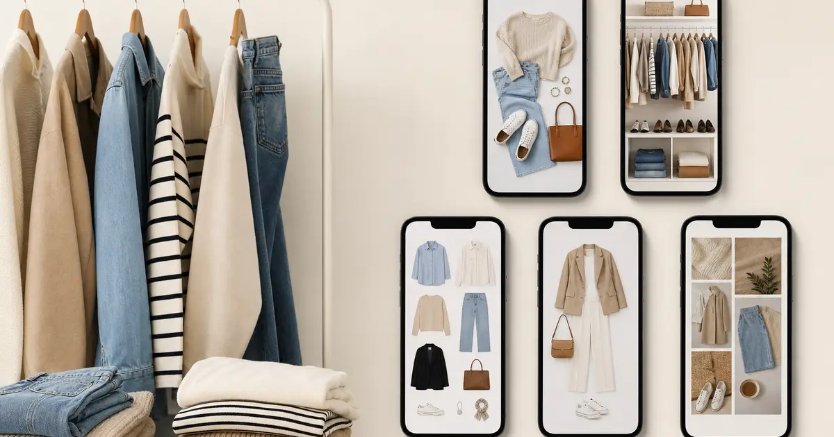 Five phones with different image-led closet and outfit interfaces beside a wardrobe rail and folded neutral clothes