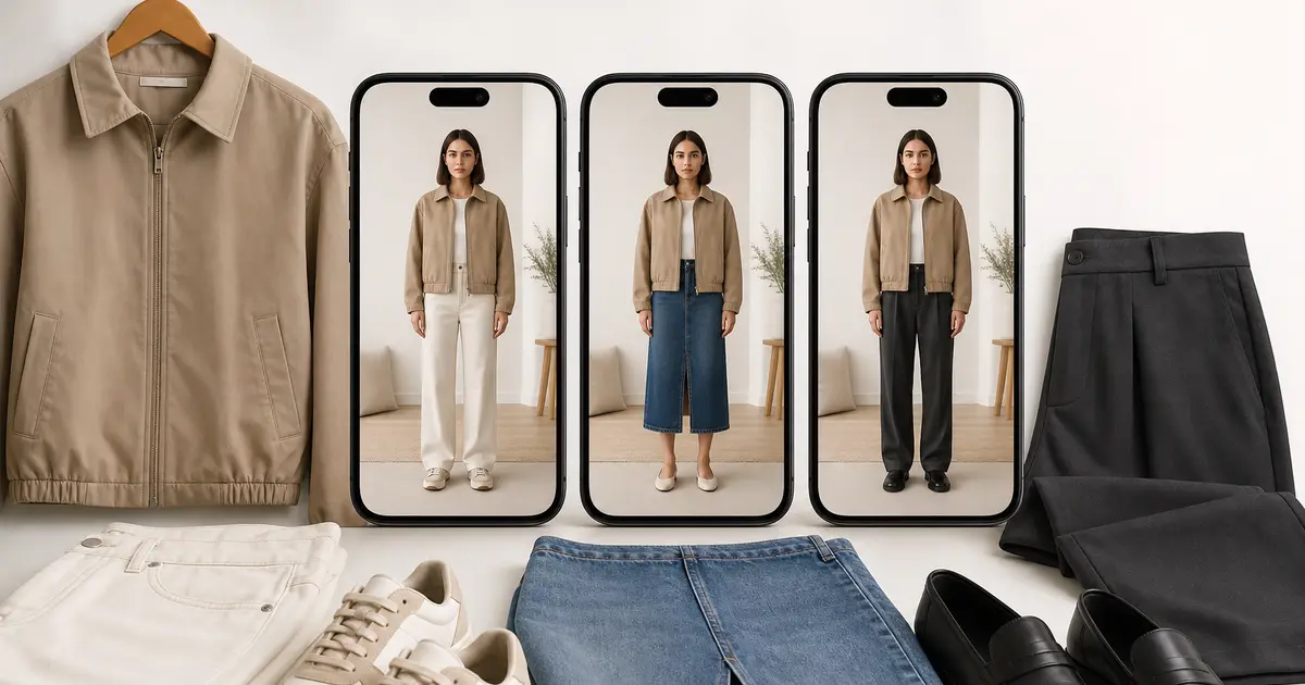 Three phones showing the same neutral jacket in different full-body outfit previews beside the real jacket, trousers, skirt, and shoes