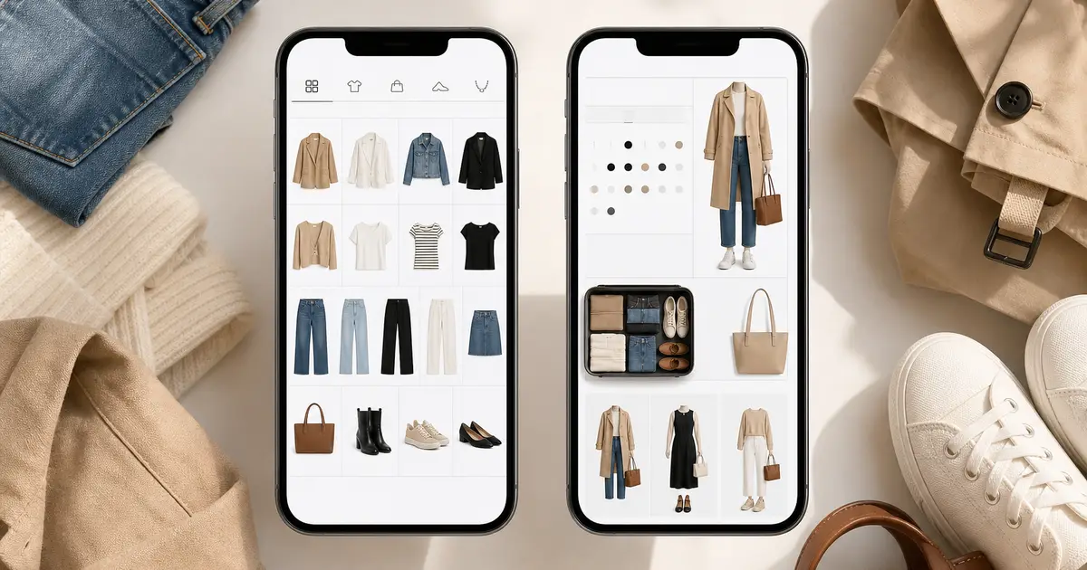 Two phones comparing a simple digital closet with a richer outfit planning interface beside coordinated neutral clothes