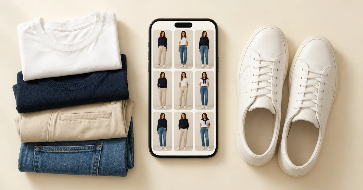 Phone showing a grid of outfits made from a small capsule, next to four folded basics and white sneakers