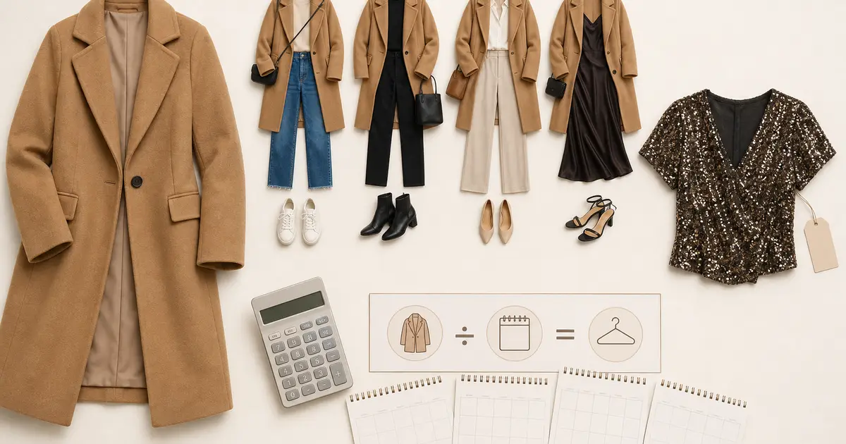 Camel coat shown in several repeat outfits beside a calculator and a contrasting sequined impulse-buy top