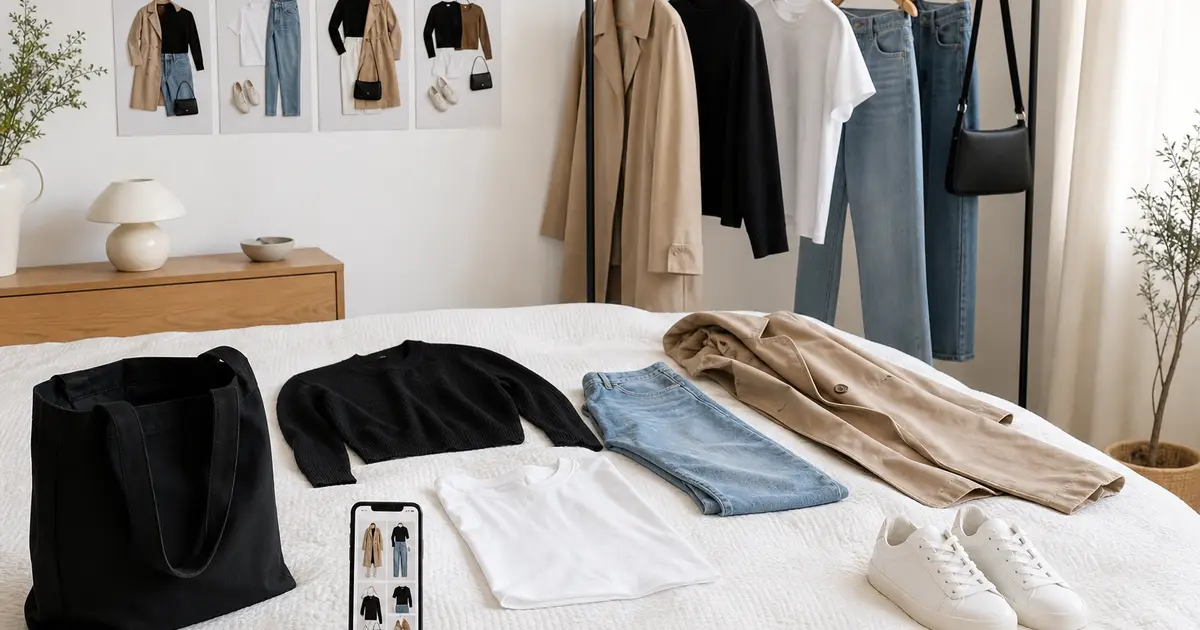 Existing black, white, denim, and camel clothes being rearranged into new outfits beside a closed shopping tote and phone