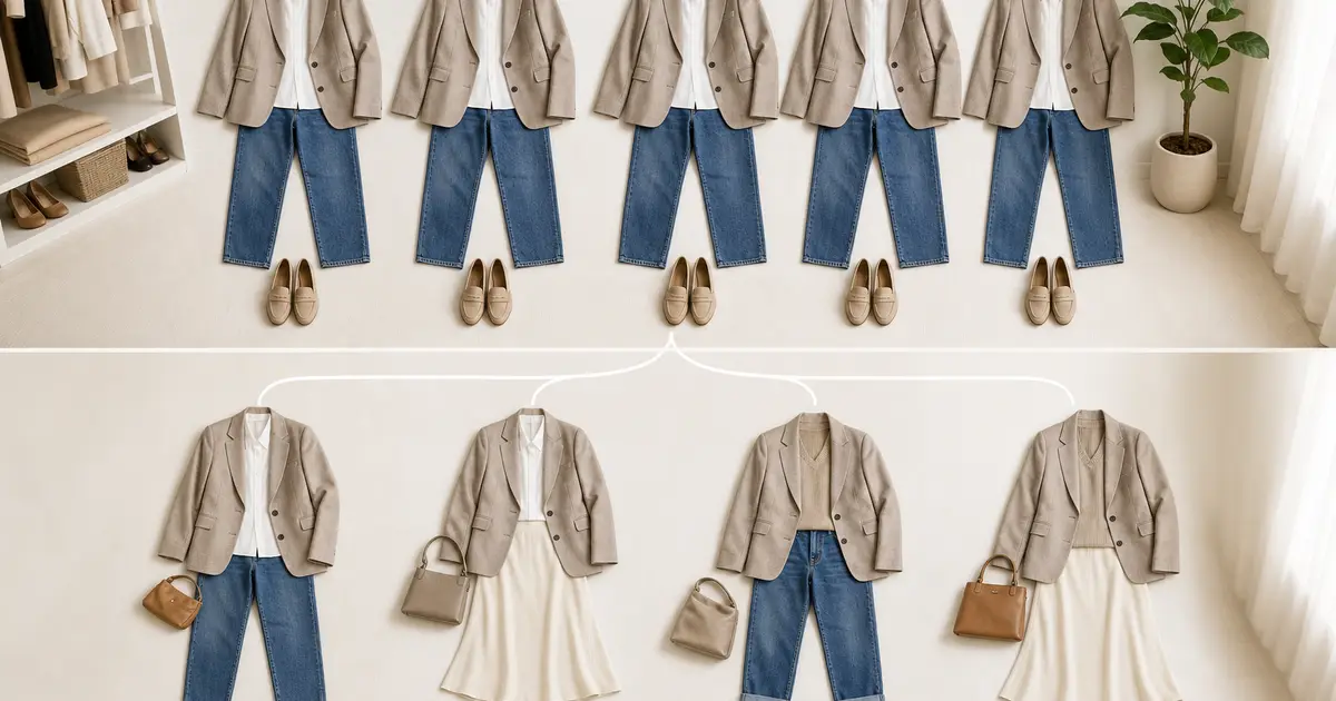 Five repeated blazer-and-jeans outfits shown with several fresh variations using the same core clothes