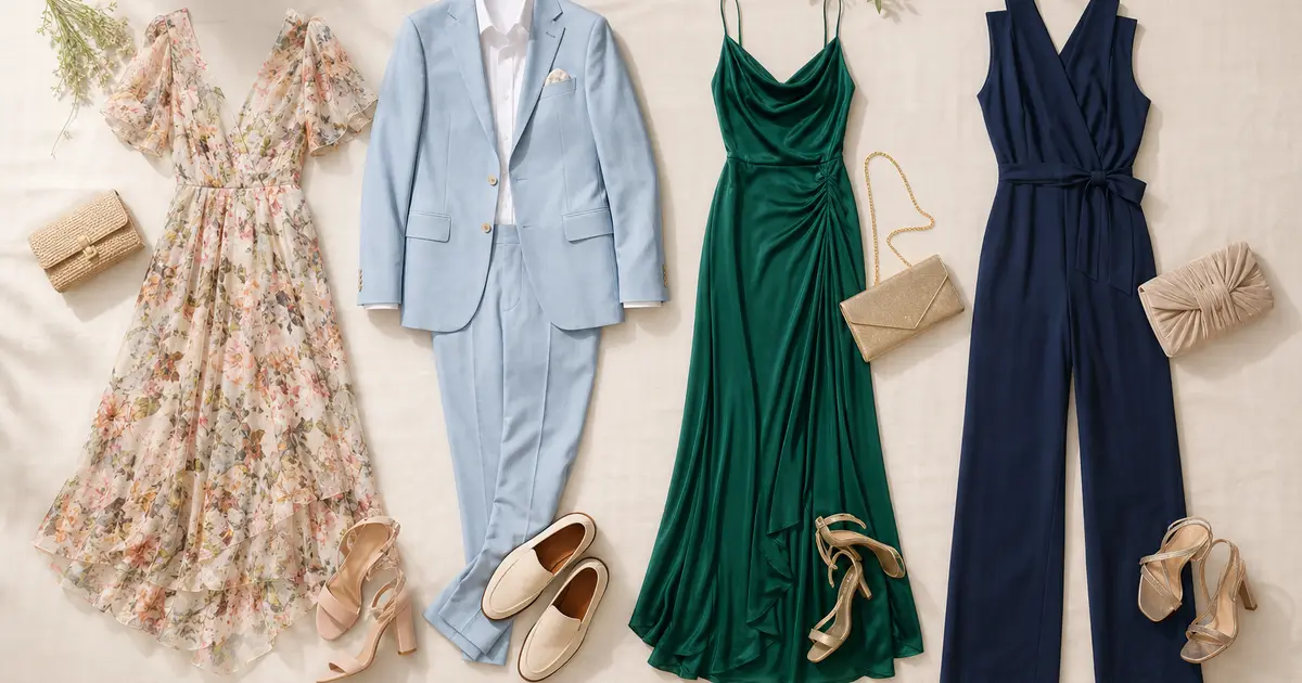 Floral midi dress, pastel suit, jewel-tone maxi dress, and smart jumpsuit arranged as summer wedding guest outfits