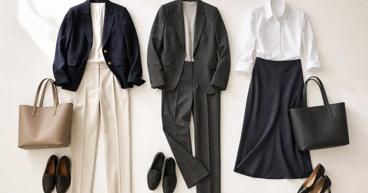 Navy blazer with cream trousers, charcoal suit with a fine knit, and midi skirt with a crisp shirt as interview outfits