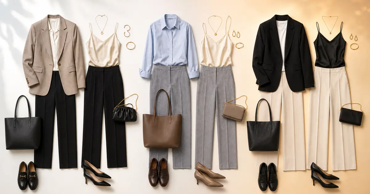 Three office outfits arranged with small evening swaps including camisoles, low heels, compact bags, and jewelry