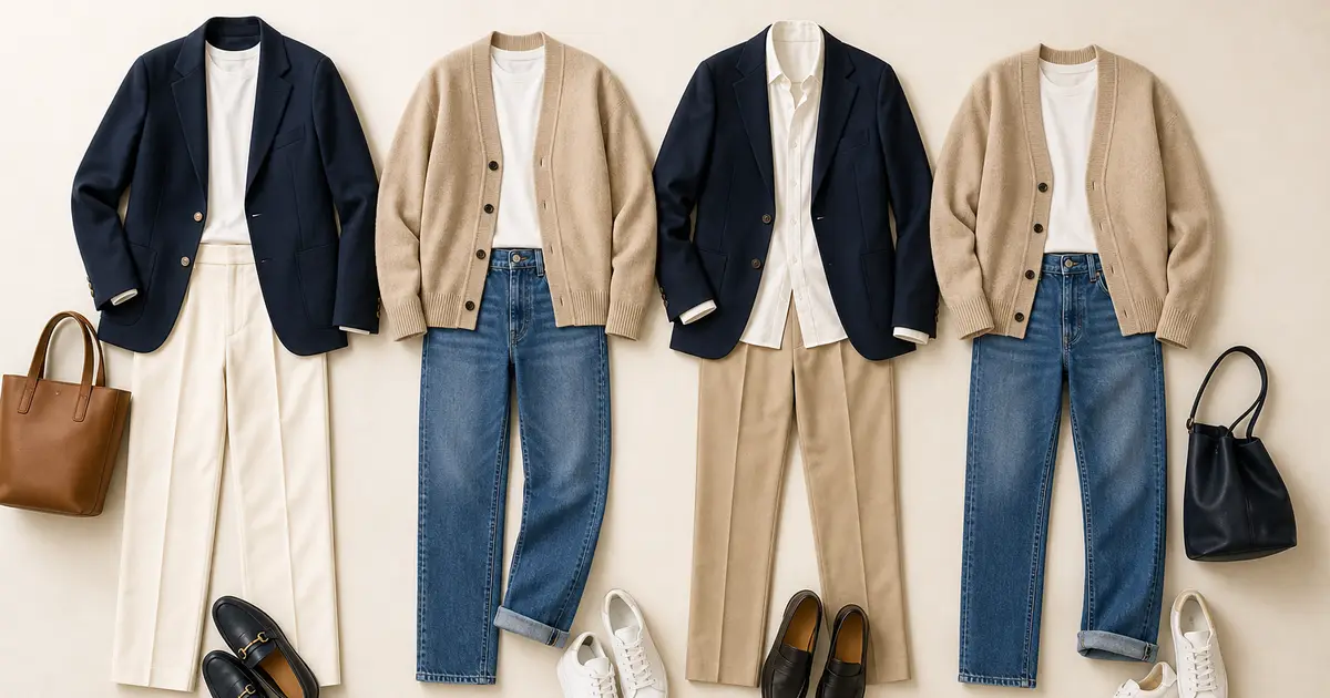 Four variations of a personal uniform using navy blazers, cream cardigans, simple tops, straight trousers, jeans, loafers, and sneakers