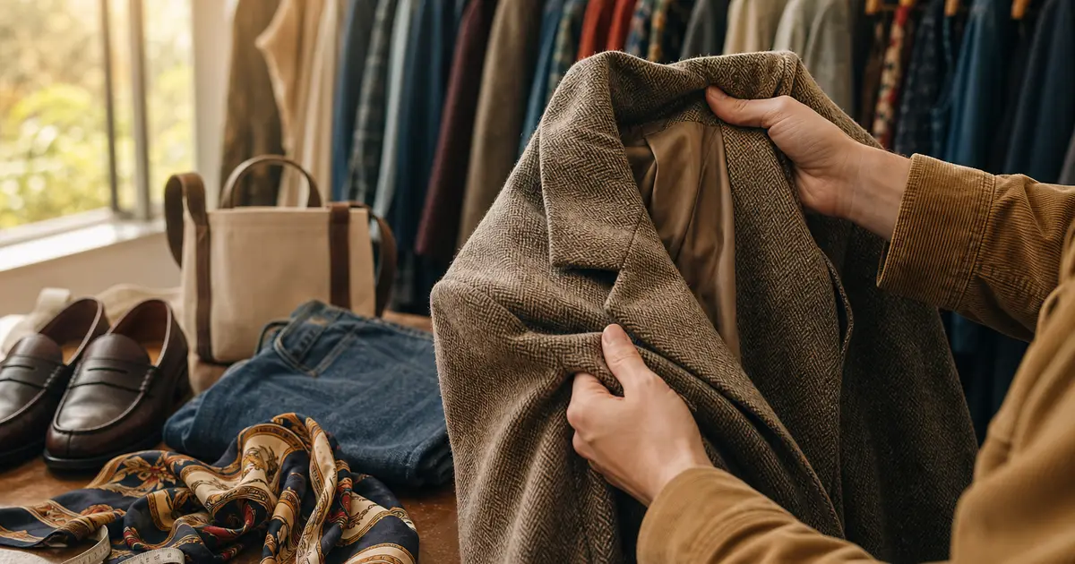 Hands inspecting the seams and fabric of a vintage wool blazer beside denim, a silk scarf, loafers, measuring tape, and a tote