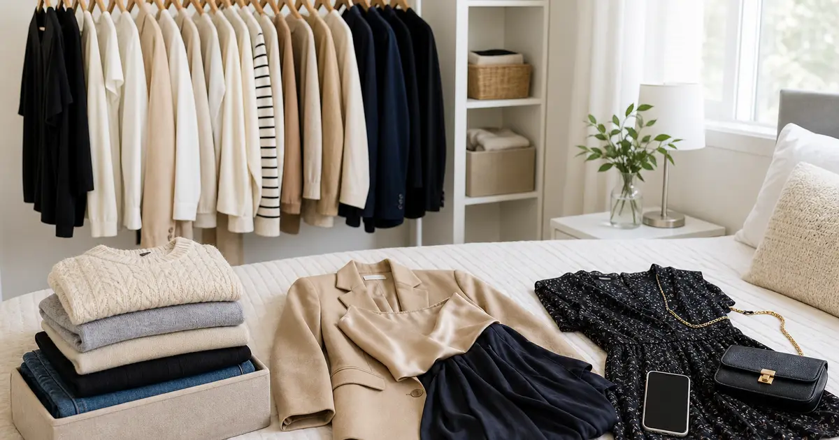 Tidy wardrobe with frequently worn clothes on a rail, folded donation pieces, and quality items prepared for resale beside a phone