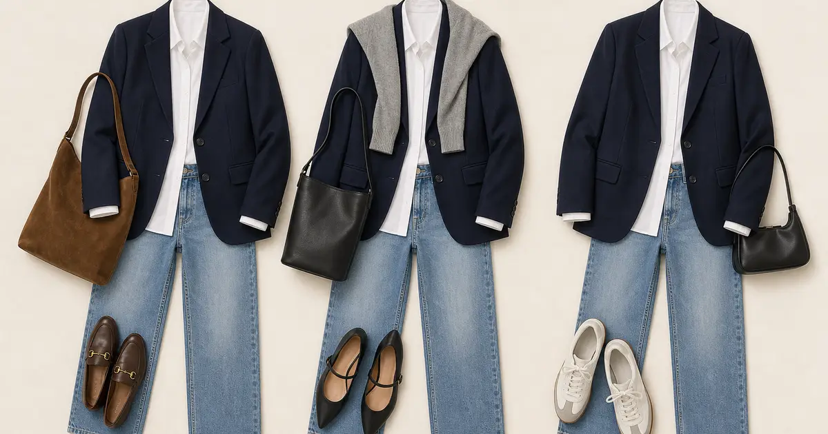 Navy blazer, white shirt, and straight jeans repeated in three variations with different shoes, layers, and bags