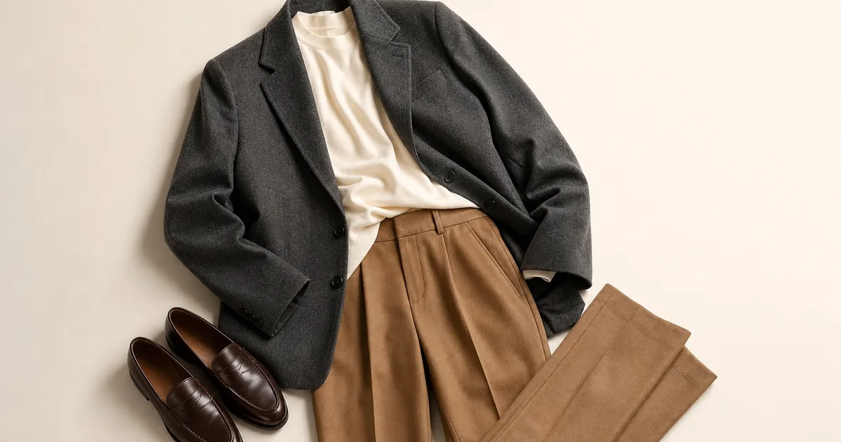Jacke in Anthrazit mit einem elfenbeinfarbenen Oberteil und einem Accessoire in Camel vor einem warmen, steinfarbenen Hintergrund