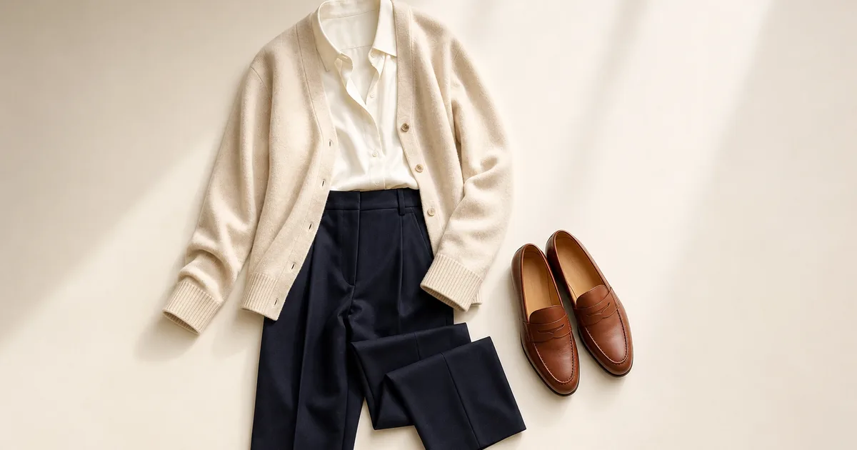 Cremefarbene Jacke mit einem elfenbeinfarbenen Oberteil und einem Accessoire in Navy vor einem warmen, steinfarbenen Hintergrund
