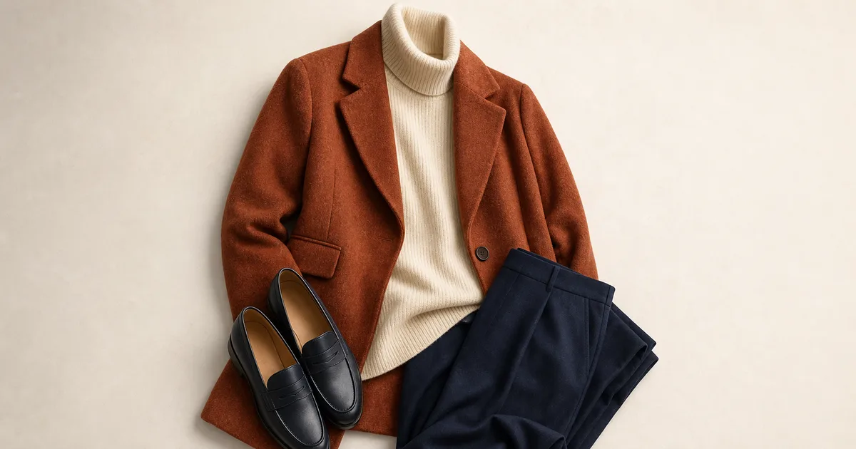 Rostrote Jacke mit einem elfenbeinfarbenen Oberteil und einem Accessoire in Navy vor einem warmen, steinfarbenen Hintergrund