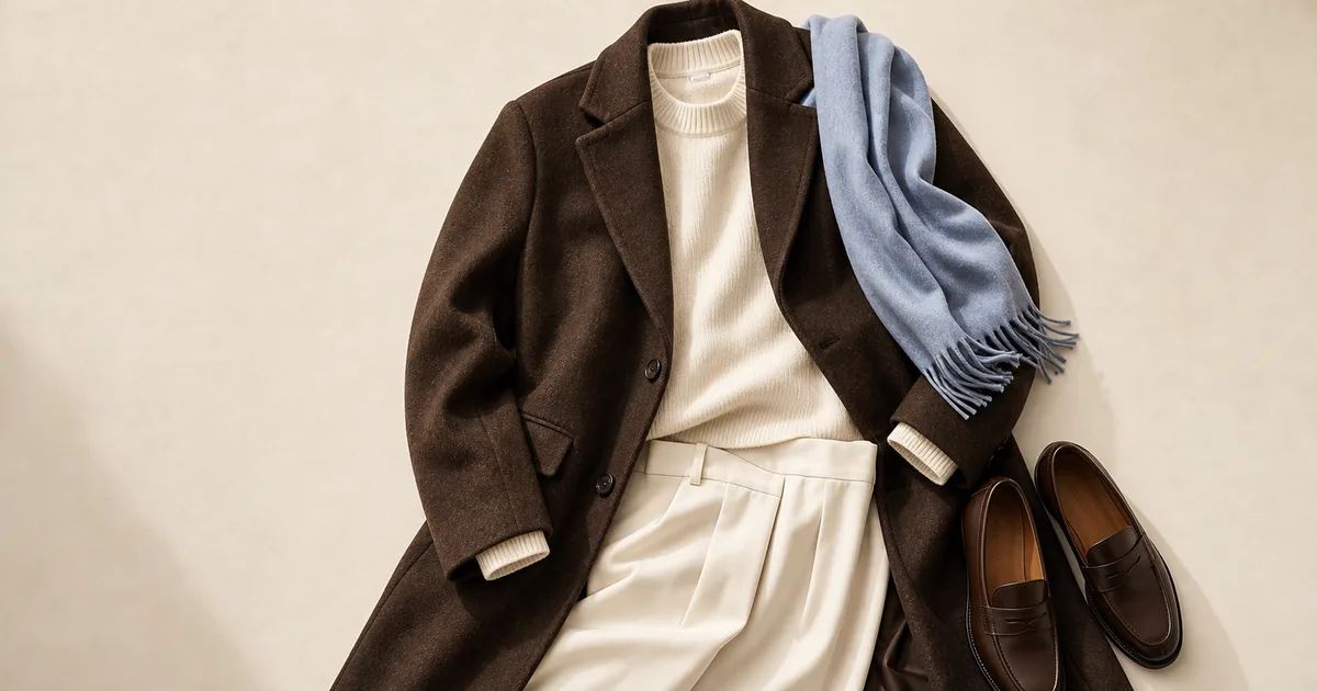 Chocolate Brown jacket with an ivory top and light blue accessory on a warm stone background