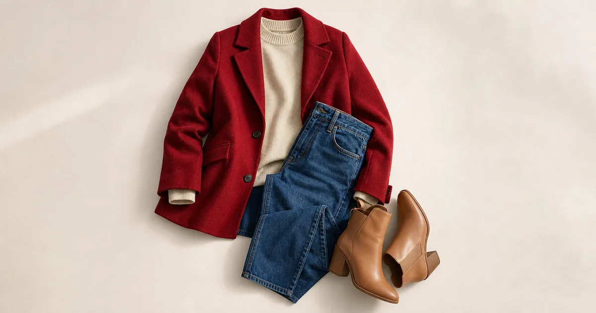 Red jacket with an ivory top and denim blue accessory on a warm stone background