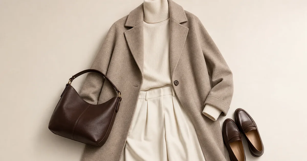 Jacke in Taupe mit einem elfenbeinfarbenen Oberteil und einem schokobraunen Accessoire vor einem warmen, steinfarbenen Hintergrund