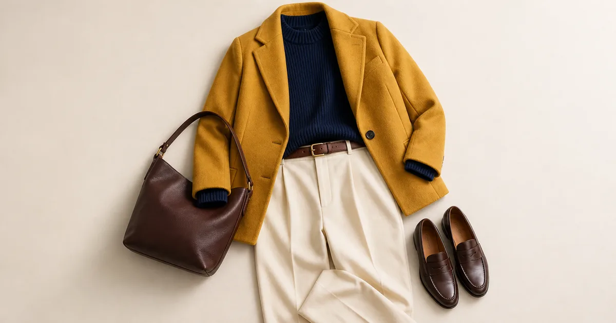 Mustard Yellow jacket with an ivory top and chocolate brown accessory on a warm stone background
