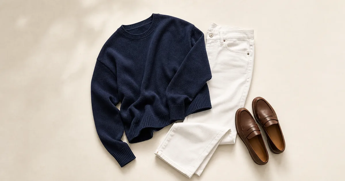 navy knit + straight white jeans + brown loafers arranged on a warm ivory background
