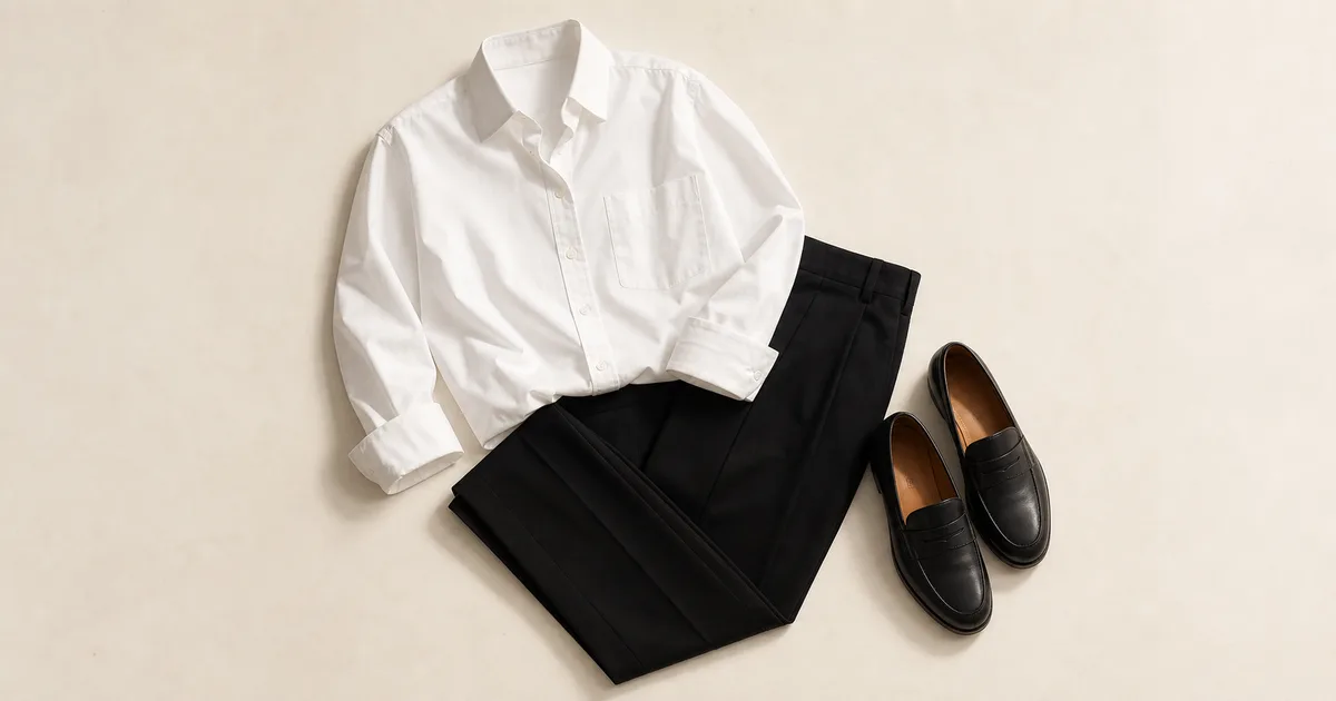 white poplin shirt + black trousers + loafers arranged on a warm ivory background