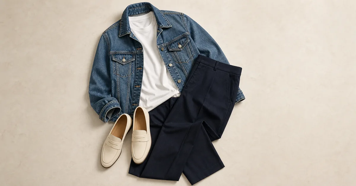 denim jacket + white tee + tailored navy trousers arranged on a warm ivory background