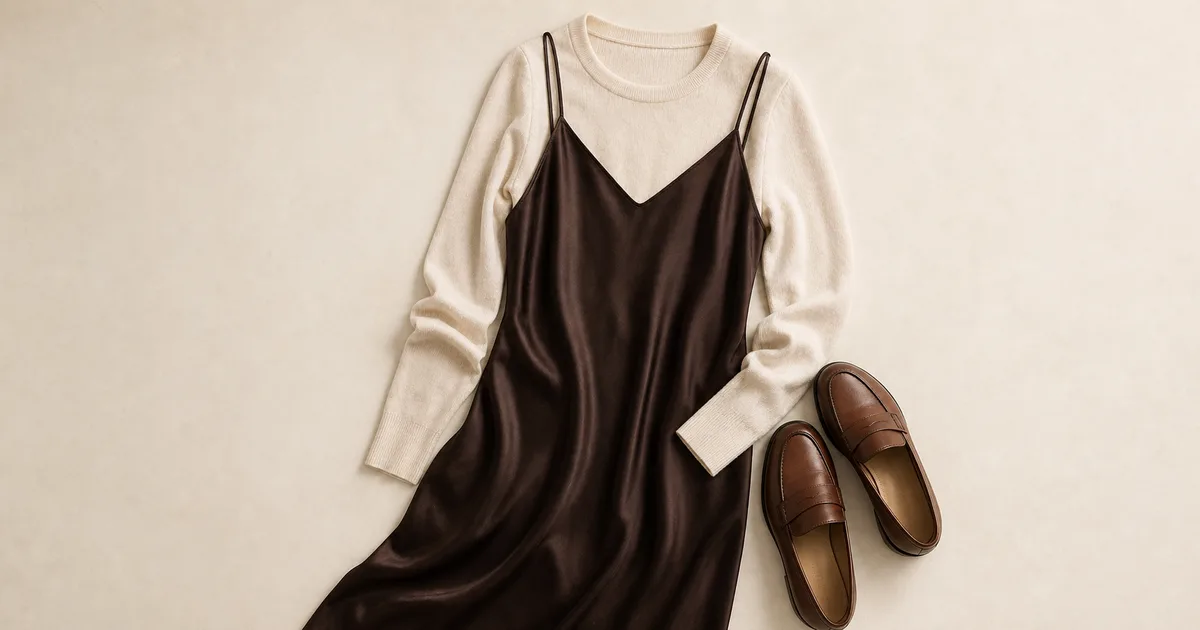 slip dress + fine crewneck underneath + loafers arranged on a warm ivory background