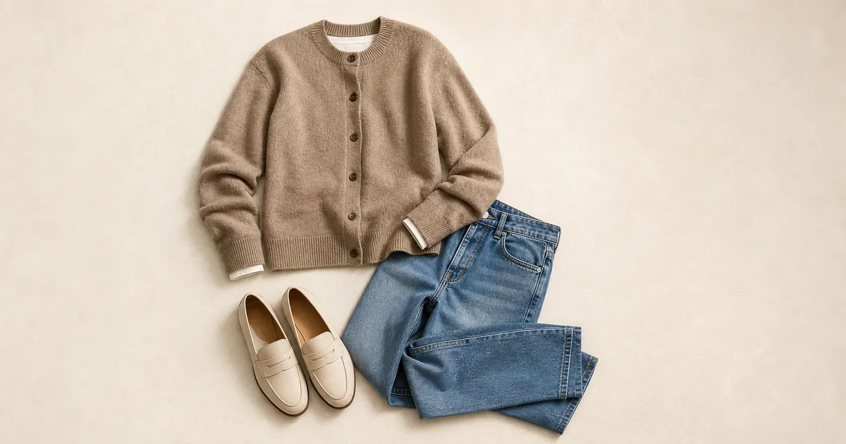 buttoned cardigan + straight jeans + loafers arranged on a warm ivory background