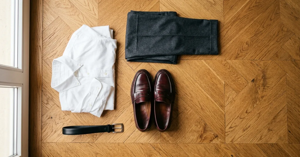 Polished oxblood bordeaux leather penny loafers, cropped charcoal wool flannel trousers, crisp white poplin shirt, and black leather belt on a chevron oak parquet floor