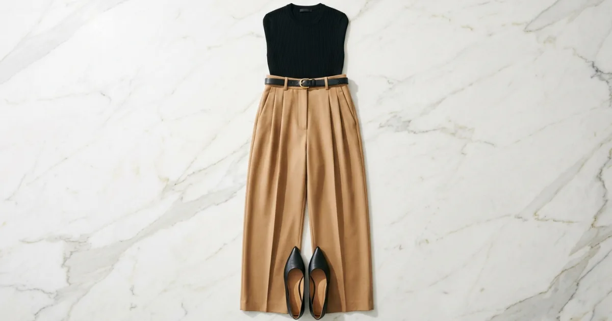 High-waisted fluid camel wool wide-leg trousers, fitted black ribbed knit top, pointed-toe black leather flats, and black leather belt on a honed Calacatta marble slab