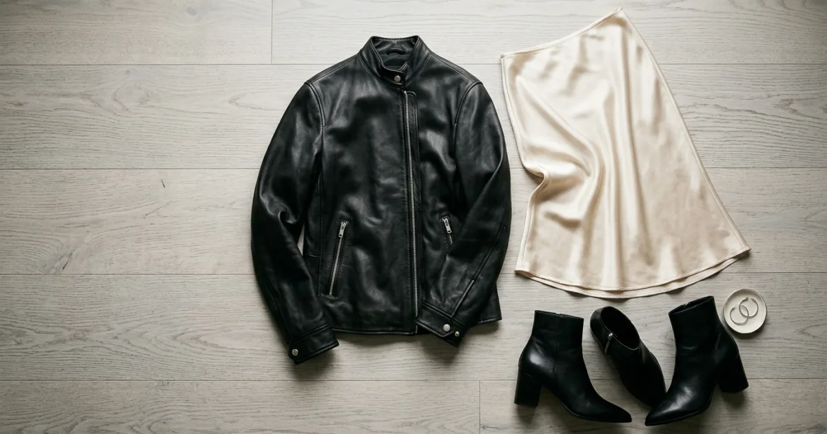 Supple black lambskin leather jacket with silver zipper, bias-cut champagne silk midi skirt, pointed-toe black leather ankle boots, and silver earrings on brushed pale ash wood planks