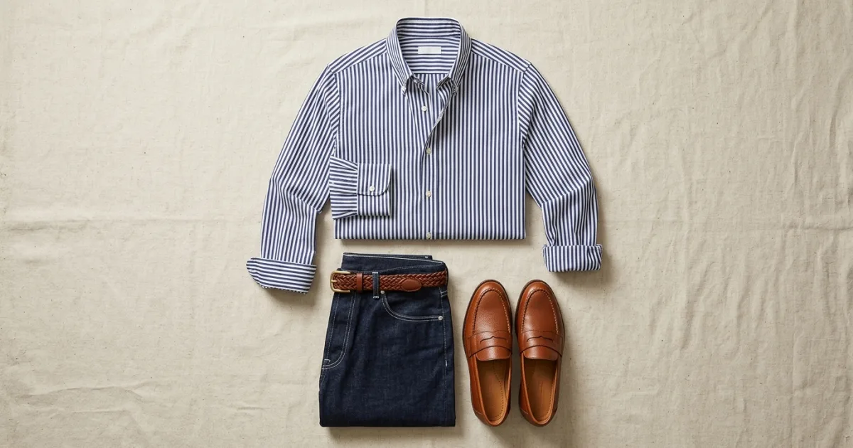 Navy and white striped cotton poplin shirt with rolled cuffs, dark raw denim jeans, caramel leather loafers, and woven leather belt on an ecru linen canvas surface