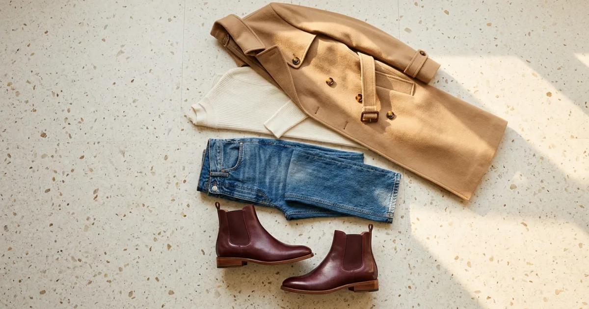 Deep bordeaux leather chelsea ankle boots with mid-wash blue straight jeans, ivory ribbed merino knit, and camel wool trench coat on a light speckled terrazzo floor