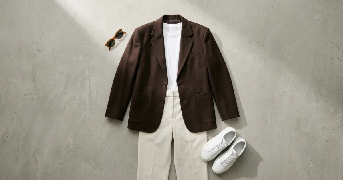 Oversized dark chocolate-brown wool blazer, fitted white cotton t-shirt, tailored bone ecru trousers, and white leather sneakers on a smooth architectural concrete surface